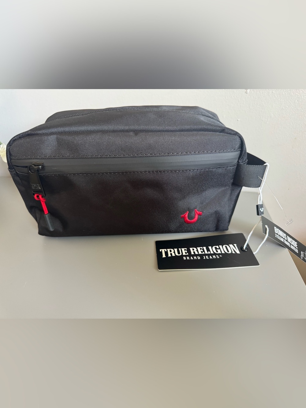 True Religion Black Toiletry Bag with Red Logo